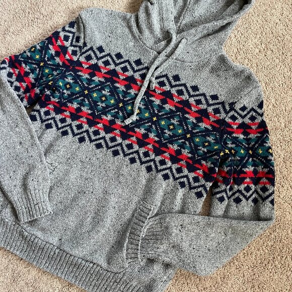 American Eagle Wool Blend Hoodie Sweater Southwest Print Knit Gray Mens XS Aztec - Picture 3 of 7